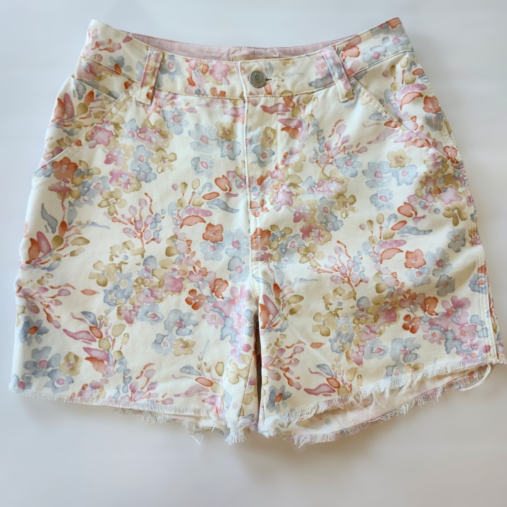 Kate Hill Petite Floral Print Raw Hem Denim Shorts Womens sz 4